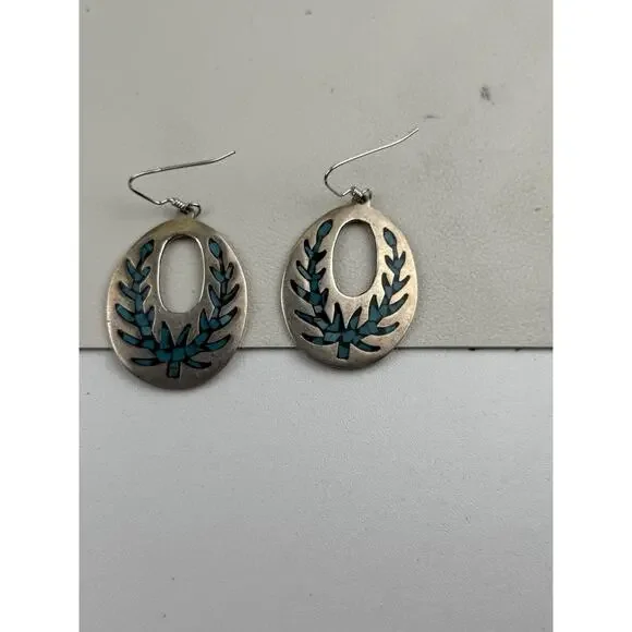 TM-121 Taxco Mexico Sterling Silver Pierced Earrings Inlaid Stone - Picture 5 of 12